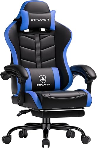 GTPLAYER Silla de juegos para adultos, silla ergonómica para juegos de computadora con reposapiés, altura ajustable, reclinación de 90-155° y Azul