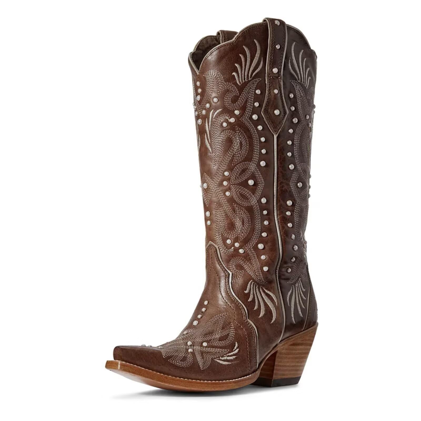 Cowboy Boots For Women Pearl Cowgirl Ladies Knee High Boots with Classic Embroidery Pointed Toe Chunky Heel Pull On Fashion Dress Pearl Wedding Western Booties-image-2