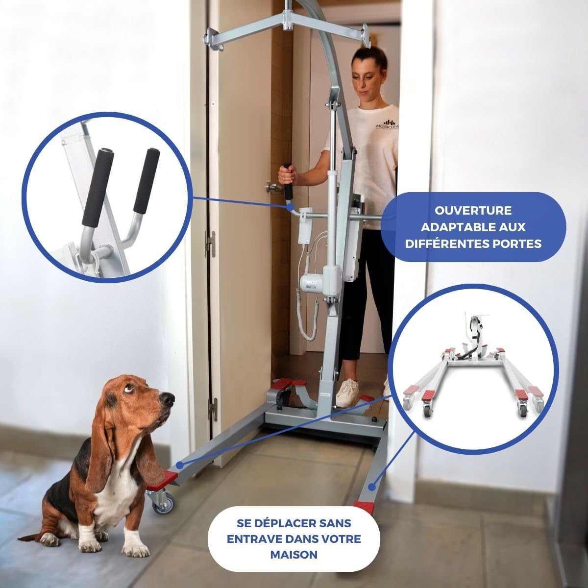 Mobiclinic®, Lève-personne Électrique pour Personnes Âgées, Jusqu'à 180 kg, avec Harnais de Transfert Inclus, Largeur Réglable, Utilisation Pendant la Charge, Roues avec Freins, Acier, Fortuna Basic