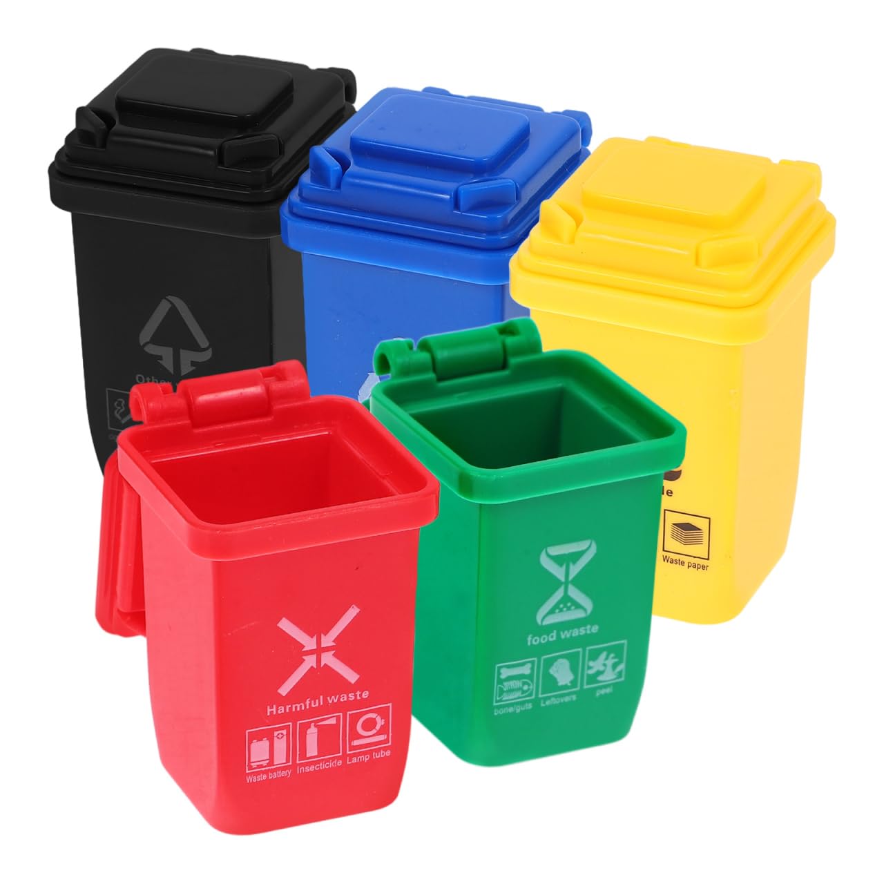 5Pcs Mini Trash Can Toy Set – Miniature Garbage Bin Sorting Toys for Kids, Dollhouse Curbside Waste Bins for Pretend Play, Recycling Learning Activity for Toddlers and Classrooms