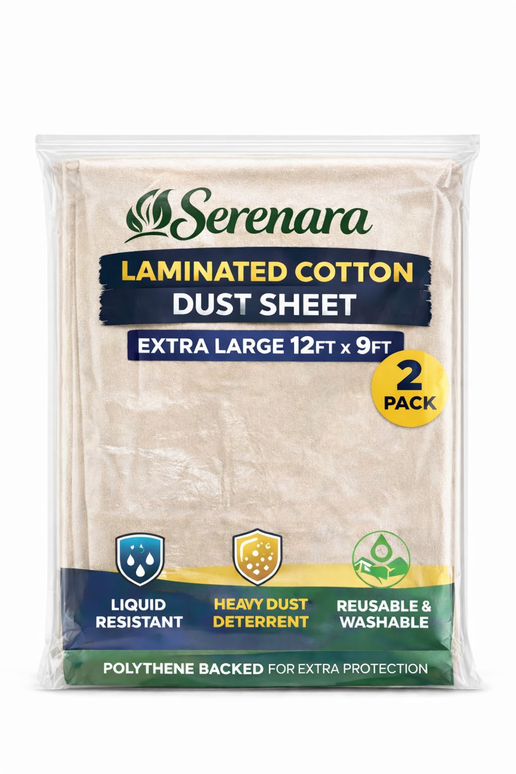 2 x Laminated Cotton Dust Sheet for Painting & Decorating 12'x9' (3.6m x 2.7m) – Reusable Paint Drop Cloth, Furniture Cover, Protective Sheet