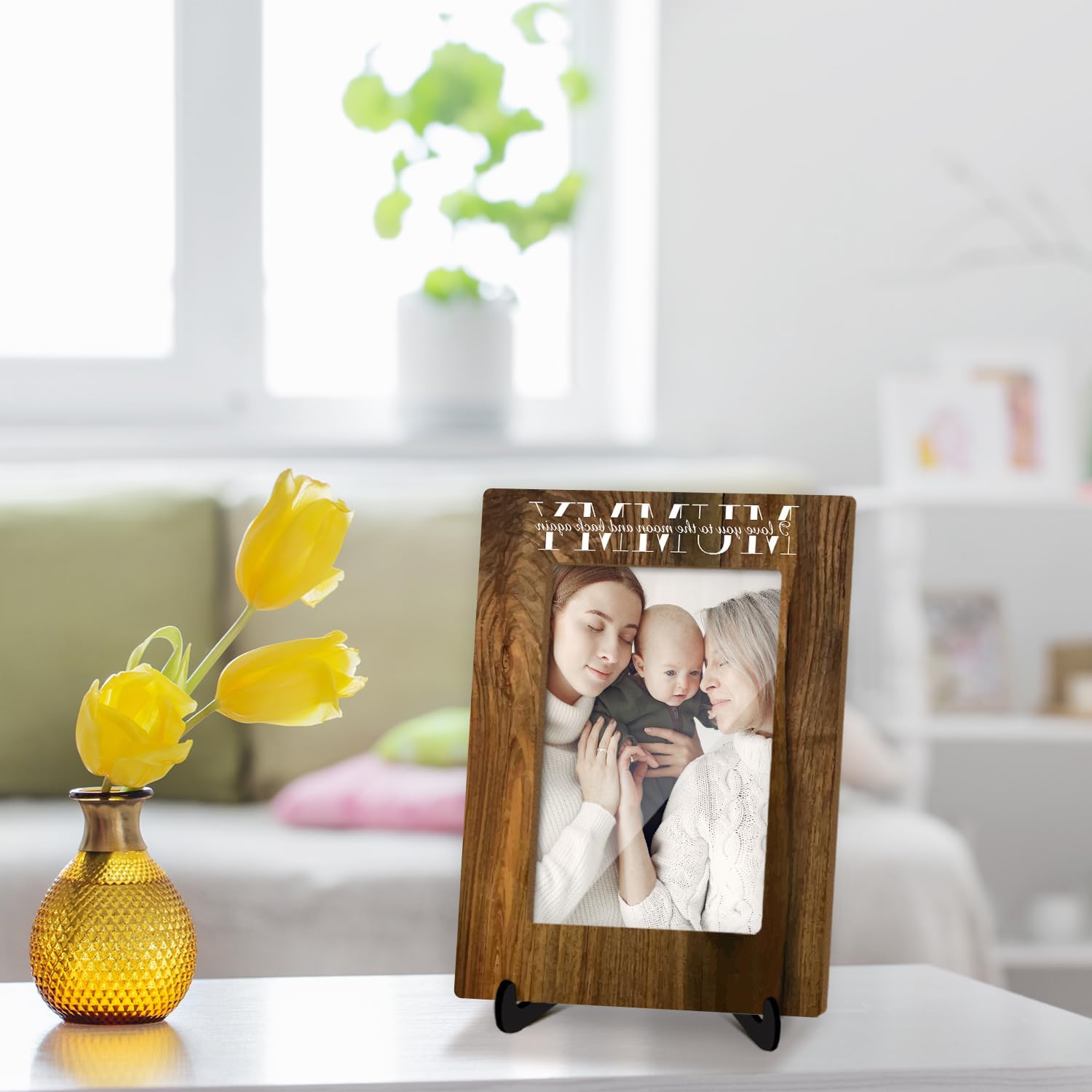 Mom Wooden Picture Frame with Stand, Mother's Day Gift for Women Mom Mommy Mother Gifts, I Love You to the Moon and Back Photo Frame Tabletop Display 4x6" Vertical, Shelf Home Desk Decor -16 - Image 5