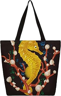 Sacola de lona para mulheres, animais do oceano, cavalo-marinho, coral, grande, sacolas para homens com bolsos, sacolas de compras resistentes, sacolas de compras reutilizáveis, bolsa de ombro casual para escola, trabalho, praia, Multicor