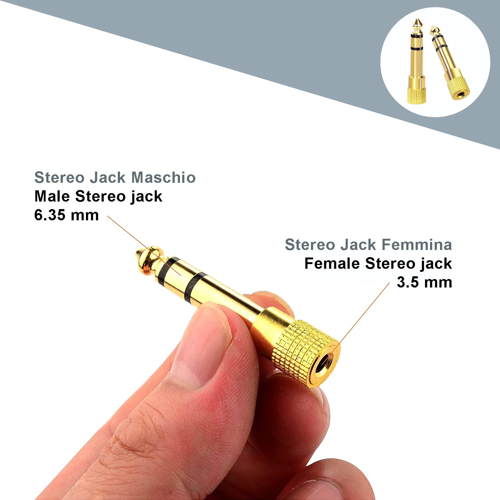 Adattatore Jack Cuffie 6.3 a 3.5 Rame Puro Placcato Oro Riduttore Maschio Femmina Stereo AUX