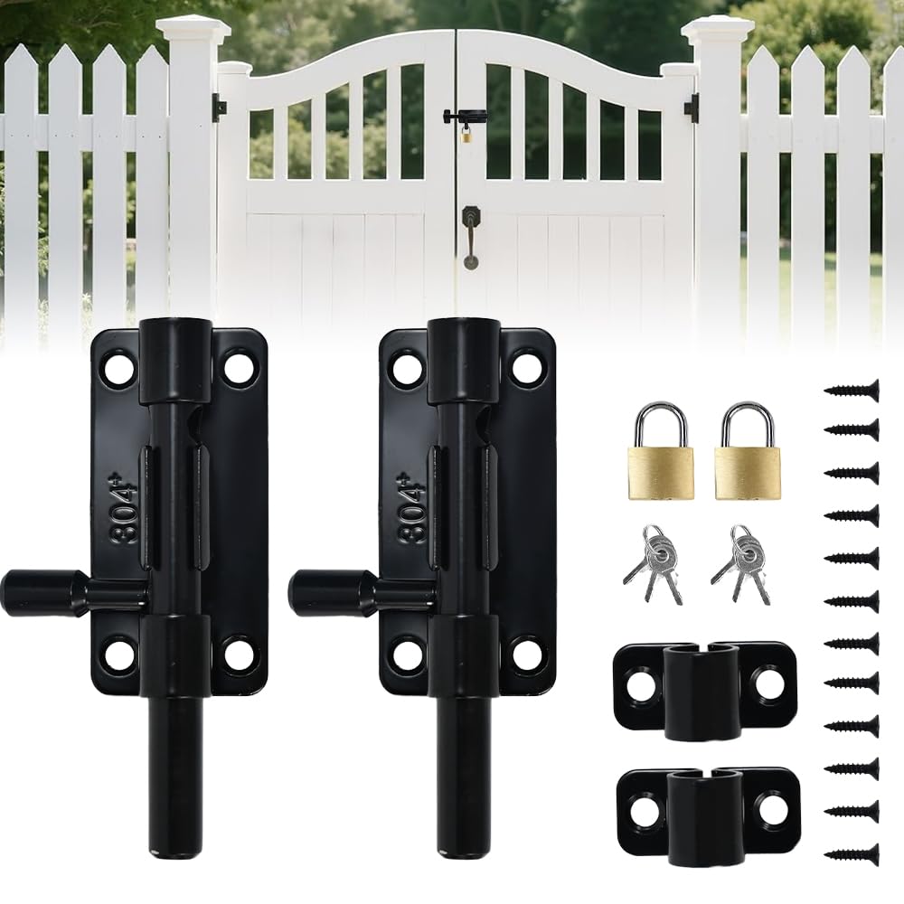 Fuhesgu 2 Stück Türriegel 304 Edelstahl Bolzenriegel Schlossriegel Schubriegel Türschloss Riegel Schwarz Schieberiegel Tür Riegelschloss mit Schloss Schlüssel Schrauben für Haus Hof Garten