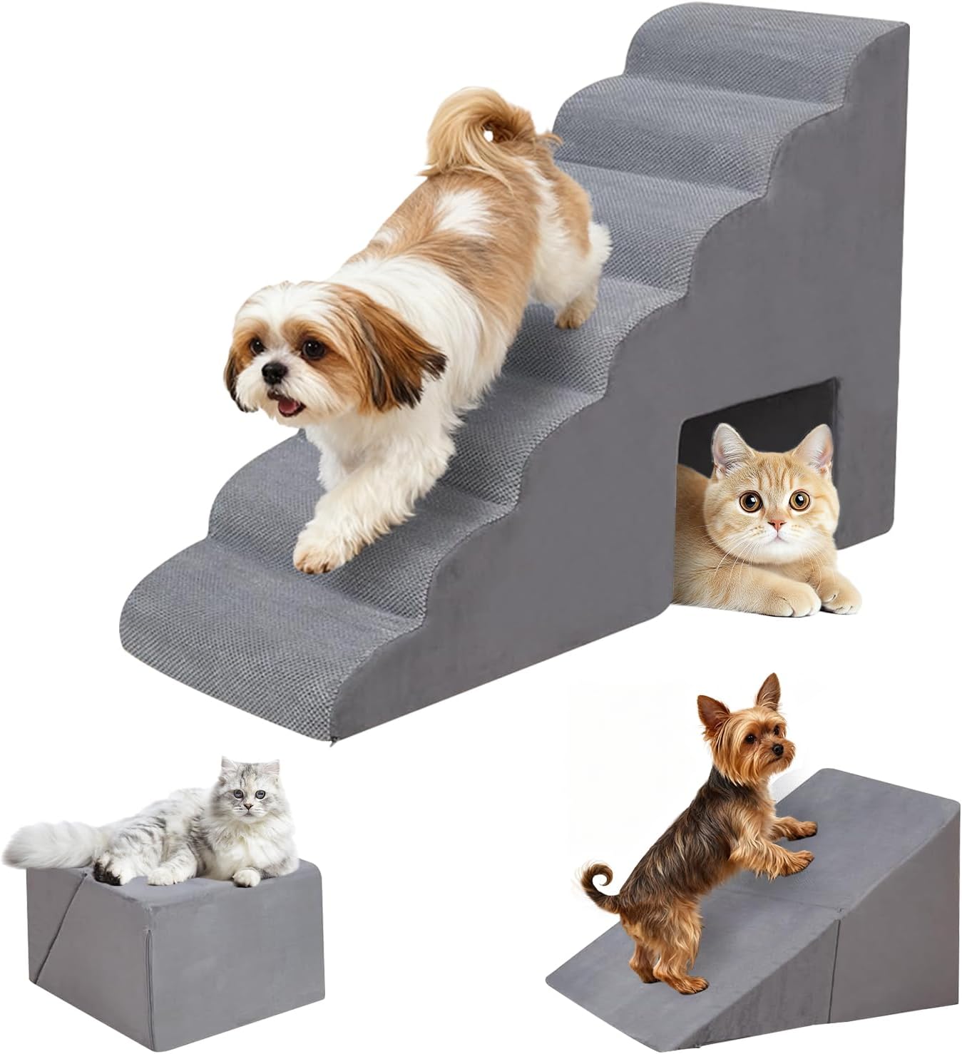 7-Step Dog Stairs for Bed 30-36" H, Dog Steps for High Bed, Pet Steps for Small, Older Pets, Non-Slip Balanced Pet Ramp Indoor, Grey
