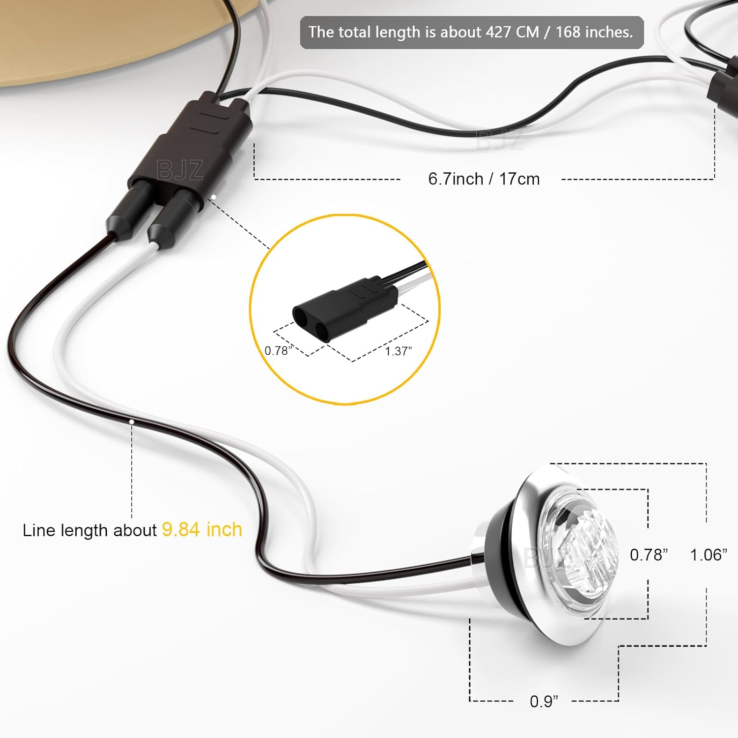 BJZ 20Pcs White 3/4'' Trailer LED Marker Side Clearance Tail Round Lights w/Connector Plug + 20Pcs 3/4" Round Stainless Steel Trim Ring Bezels + 20 Counts 2-PIN Female Bullet Plug Wire Harness Roll
