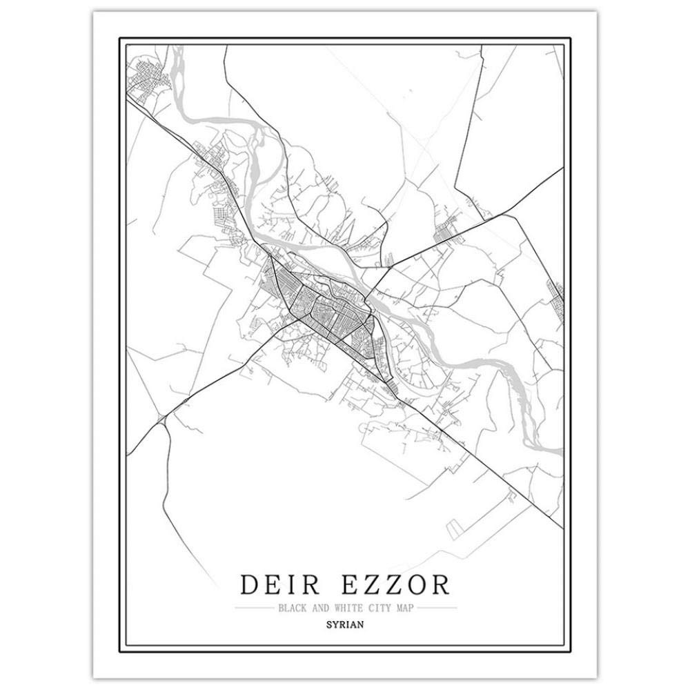 Carte de Deir Ezzor en affiche sur toile noir et blanc format vertical 70x100 cm