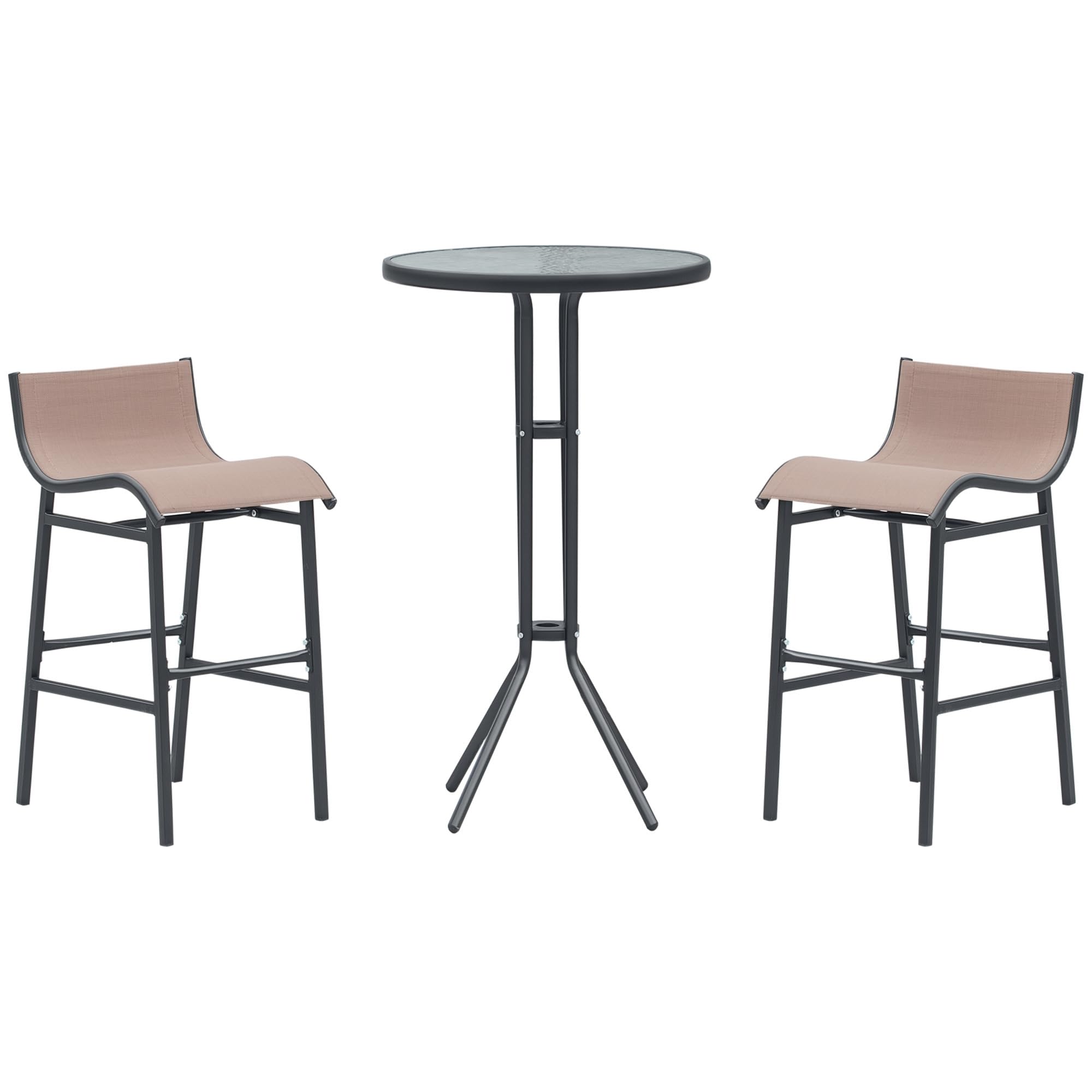 Outsunny Set da Bar/Ristorante 3 Pezzi: 2 Sgabelli (40.5x50x82cm) 1 Tavolo Vetro Temperato (Φ60x102cm), Nero e Marrone