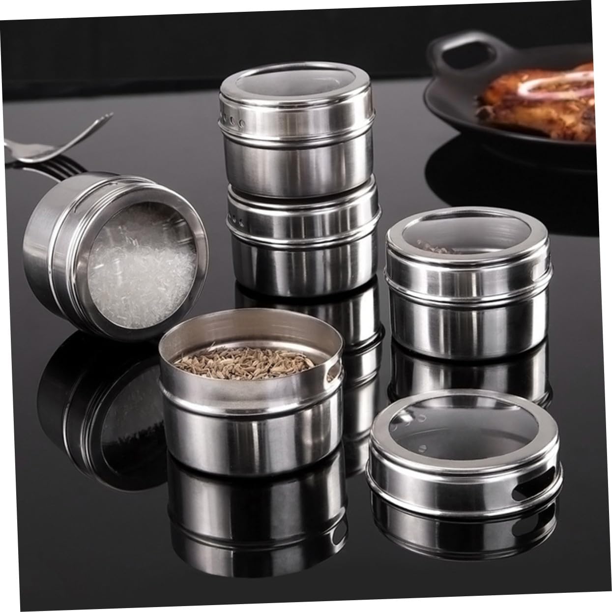8 pièces Lot de Boîtes à Épices Aimantées Acier Inoxydable avec Couvercle Hermétique et Étiquettes Organiseur Multi-usage pour Cuisine et Bureau
