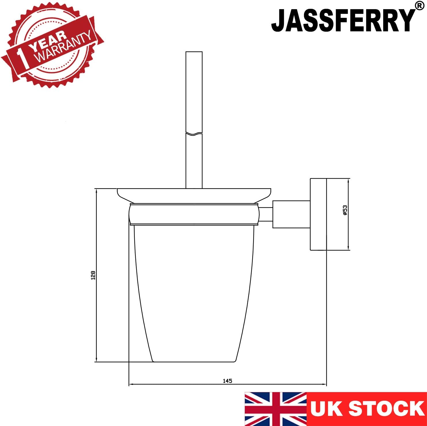 JASSFERRY Wall Mounted Toilet Brush and Holder Bathroom Mount Chrome Loo Brushes & Holders Set, Frosted Glass Tumbler - Image 3