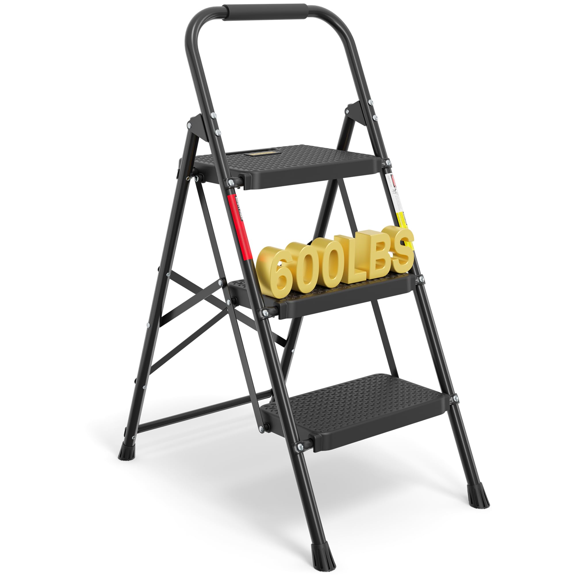 BONTEC 3-Step Ladder, Folding Step Stool, 600lbs Max Load Capacity, Sturdy Steel, Non-Slip Pedals, Lightweight, Portable Steel Ladder with Convenient Handrail, Safety Design for Home & Work, Black