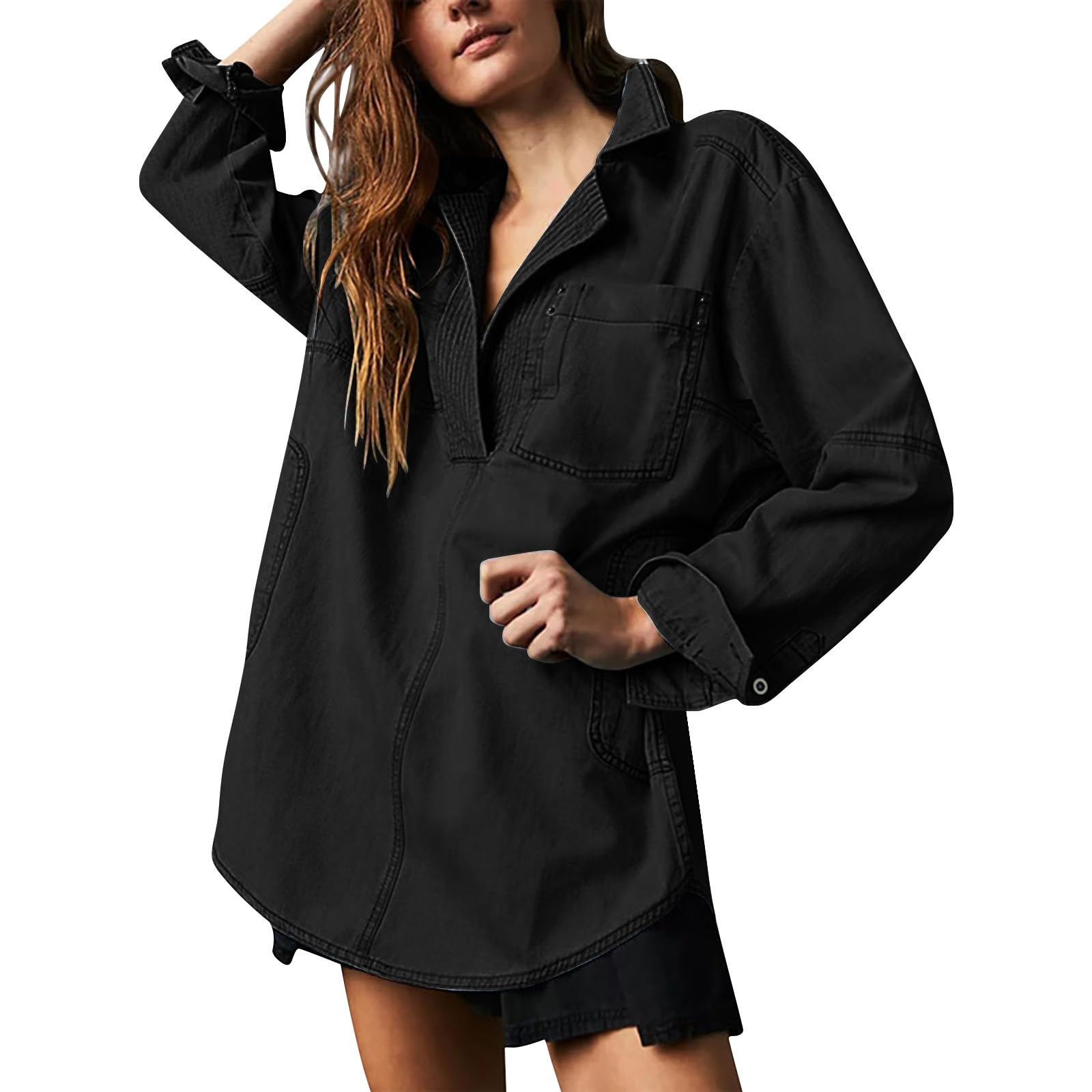 Camisa estilo vaquero para mujer, manga larga, cuello en V, informal