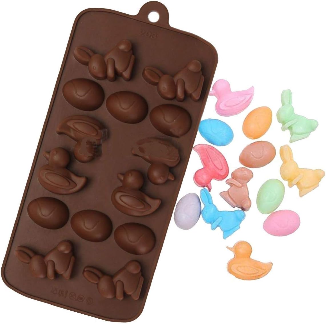 Kosh Silicone Easter Rabbit Bunny Duck Egg Chocolate Jelly Candy Soap Embeds Inserts Chocolate Mould Silicone Rabbit and Duck Shape Chocolate Making Mould, 14 Slots, Food Grade, Brown