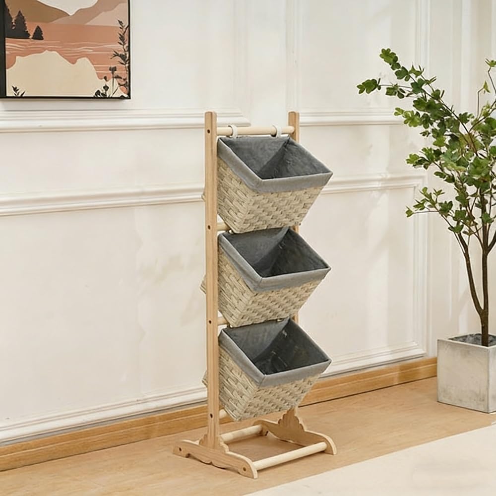 Folding Laundry Basket Household Storage 3-tier hanging with wooden frame,modern freestanding hanging,multifunctional shelves