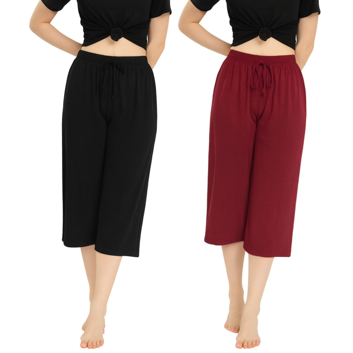 Women's Casual Regular Fit Cotton Plain 3/4th Capri For Womens Black, Marrone 2Pack-image-48