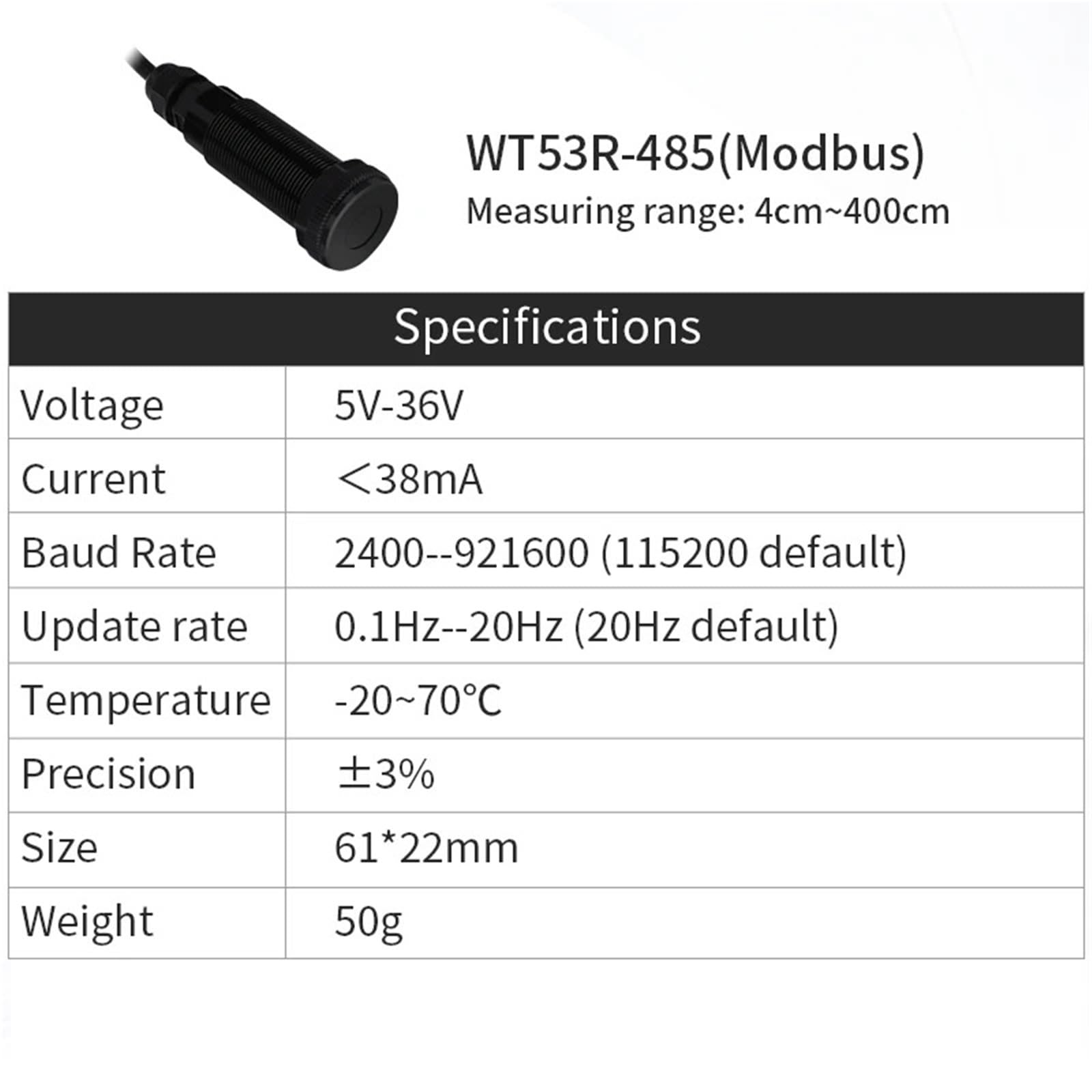 Capteur de télémétrie laser UART VL53-400 (4-400 cm), module de distance laser VL53L0 (3-200 cm), sortie de données TTL/IIC 100 Hz, 3,3-5 V(WT53R-485)