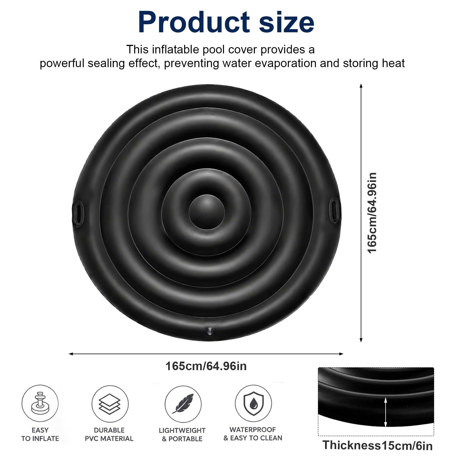 Aufblasbare Whirlpool Abdeckung, Energiesparende Whirlpool Isolierabdeckung mit Griffen, Wetterfester Whirlpool Deckel für Outdoor Spa & Aufblasbare Whirlpools (Schwarz, Ø 165 cm Rund)