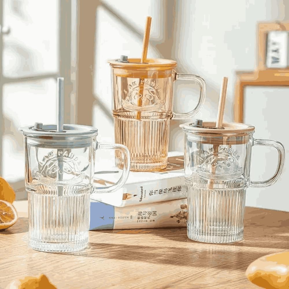 KiKiluxxa Tumbler Mug Sipper with Straw and Lid 1 pcs -420ml -Water, Juice, Drinks,Lemon Soda, Beer Drinking Glasses, Iced Tea and Coffee Glass with Lid - Panda Cup Pink or Brown Clour 2FilaNex 1