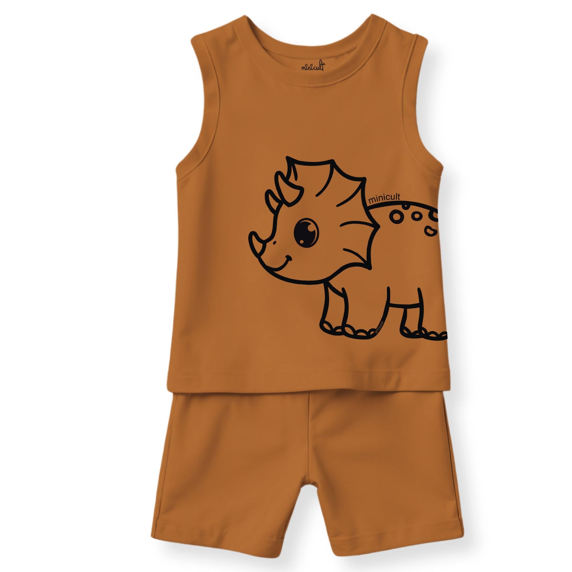 minicult Kids Matching Cotton Vest and Shorts coords with cute animal Prints(Dino 3)(9-12 MTS)