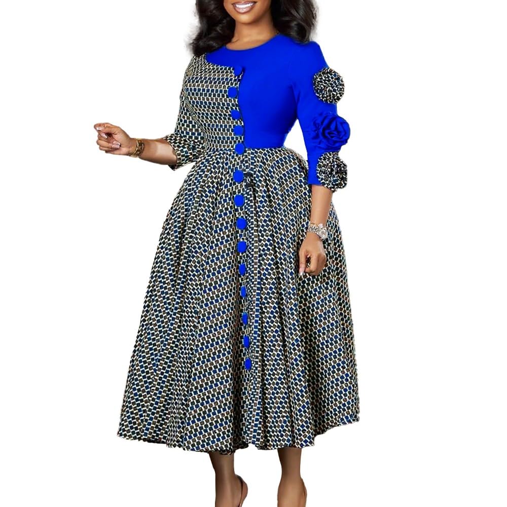 New Fashionable and Elegant Round Neck Seven Quarter Sleeve Flower Patchwork African Dress