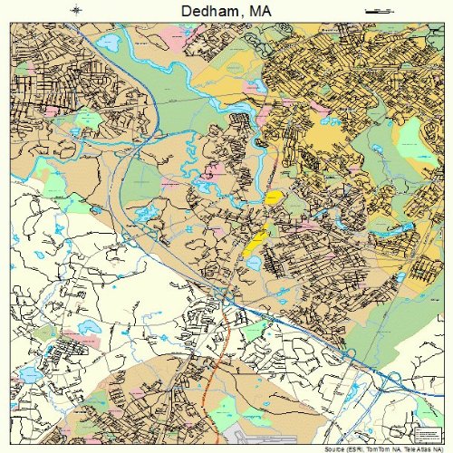 Large Street & Road Map of Dedham, Massachusetts MA Printed poster