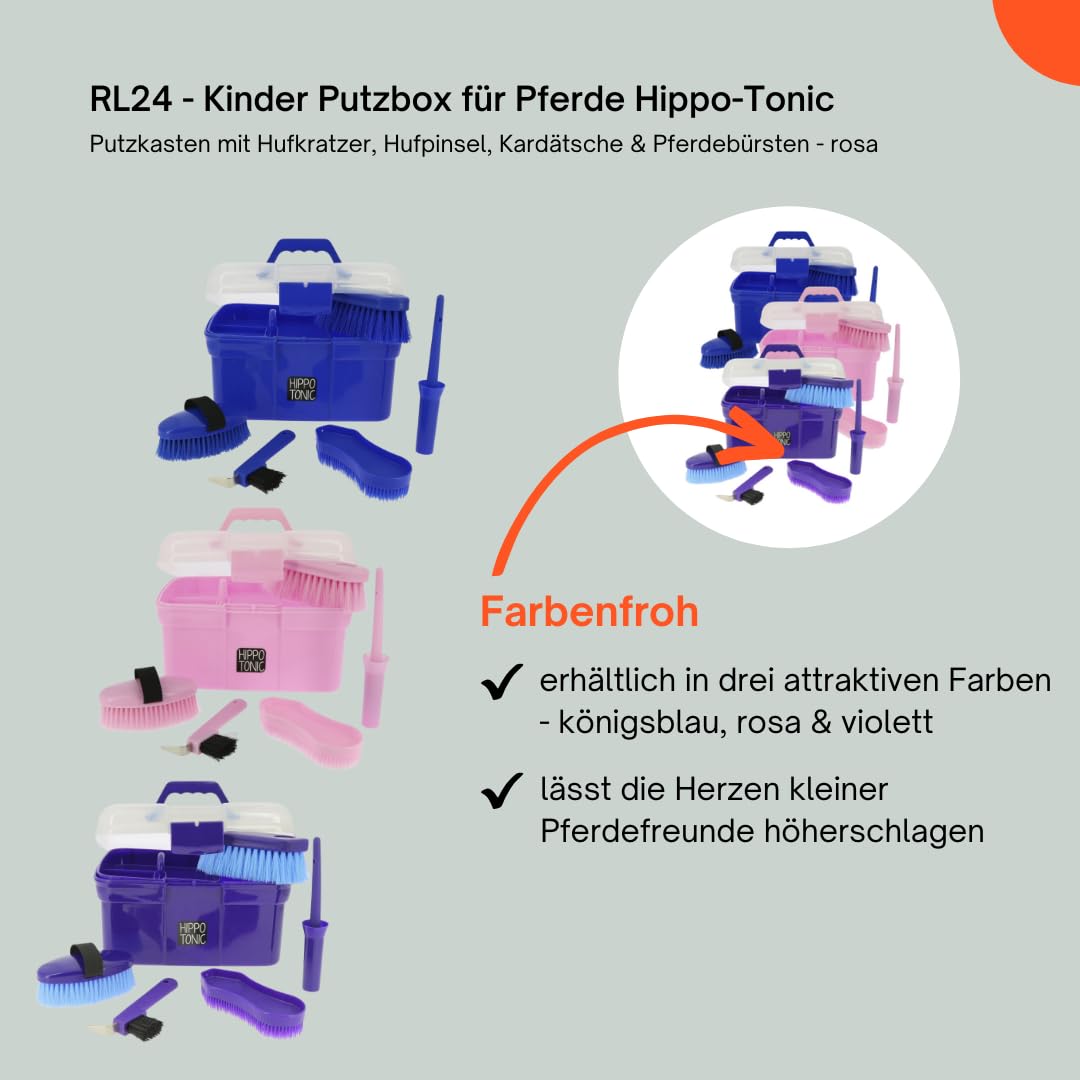 RL24 - Kinder Putzbox für Pferde Hippo-Tonic | Putzkasten mit Hufkratzer, Hufpinsel, Kardätsche & Pferdebürsten | Putzkiste in Rosa | Putzkoffer für Pferde | Pferdepflege Set 5-teilig