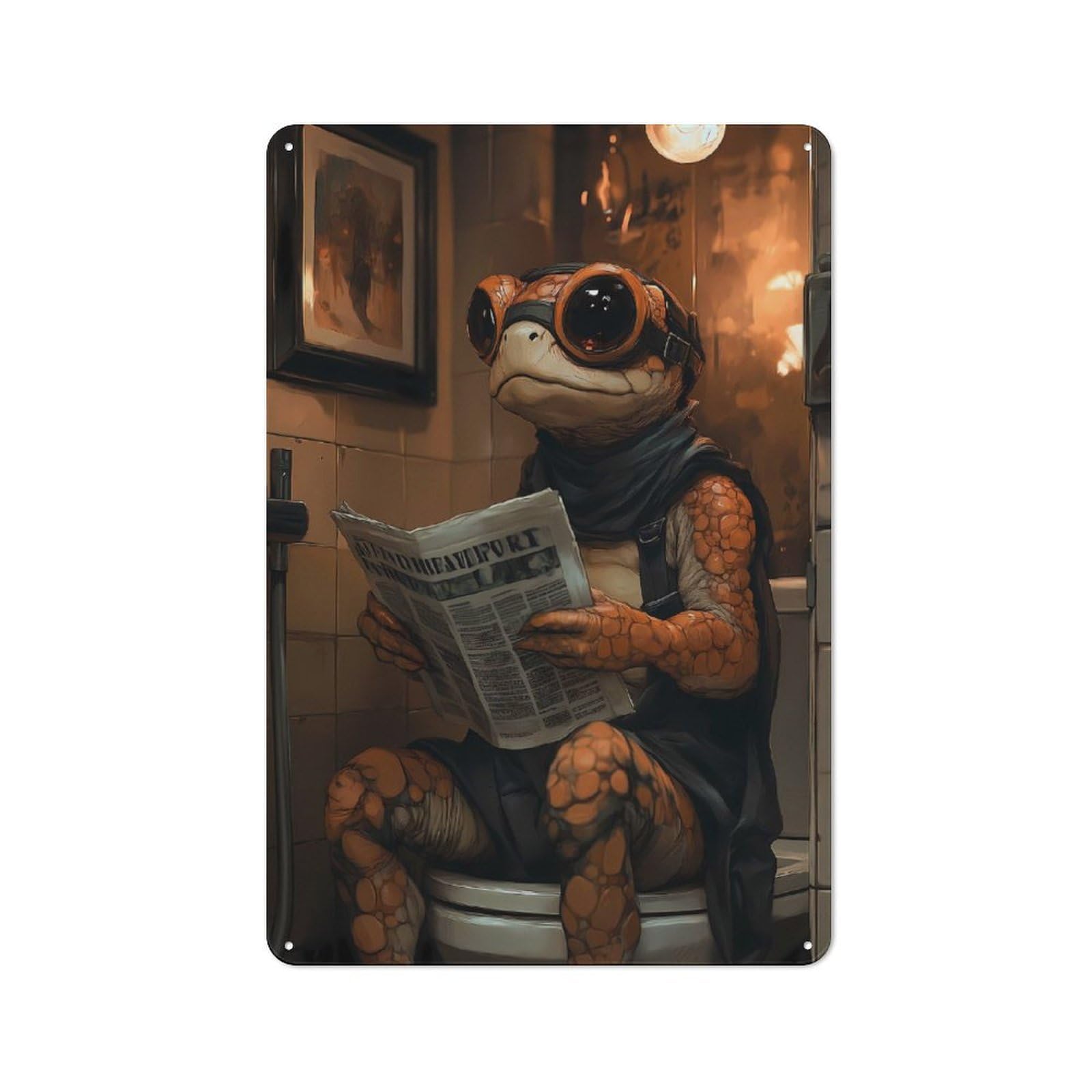 Creative Anthropomorphic Turtle Reading Newspaper on Toilet Office Metal Sign 30x20cm, Study Room Decor for Workspace, Cafe, Shop Or Desk Area
