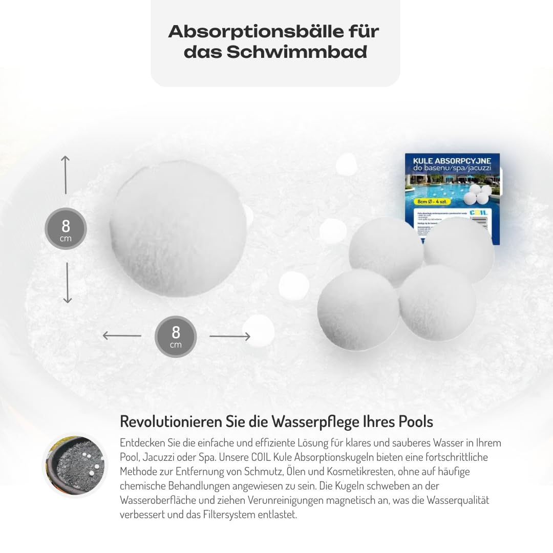 COIL Kule kule absorpcyjne do basenu i spa – kulki filtracyjne 8 cm, wielokrotnego użytku, przyjazne dla środowiska, idealne do jacuzzi i basenów, usuwa olej, dokładne filtrowanie do 1,5 mikrona –
