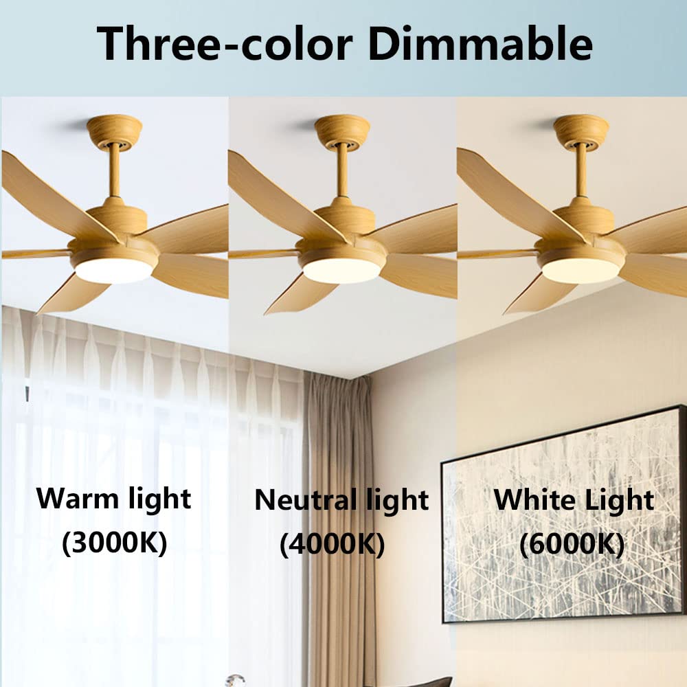 Ventilador de Techo silencioso Grande con luz, Control Remoto y Temporizador, 6 velocidades, con luz LED para Interiores, Ideal para Dormitorio, habitación Infantil, Hotel o Comedo