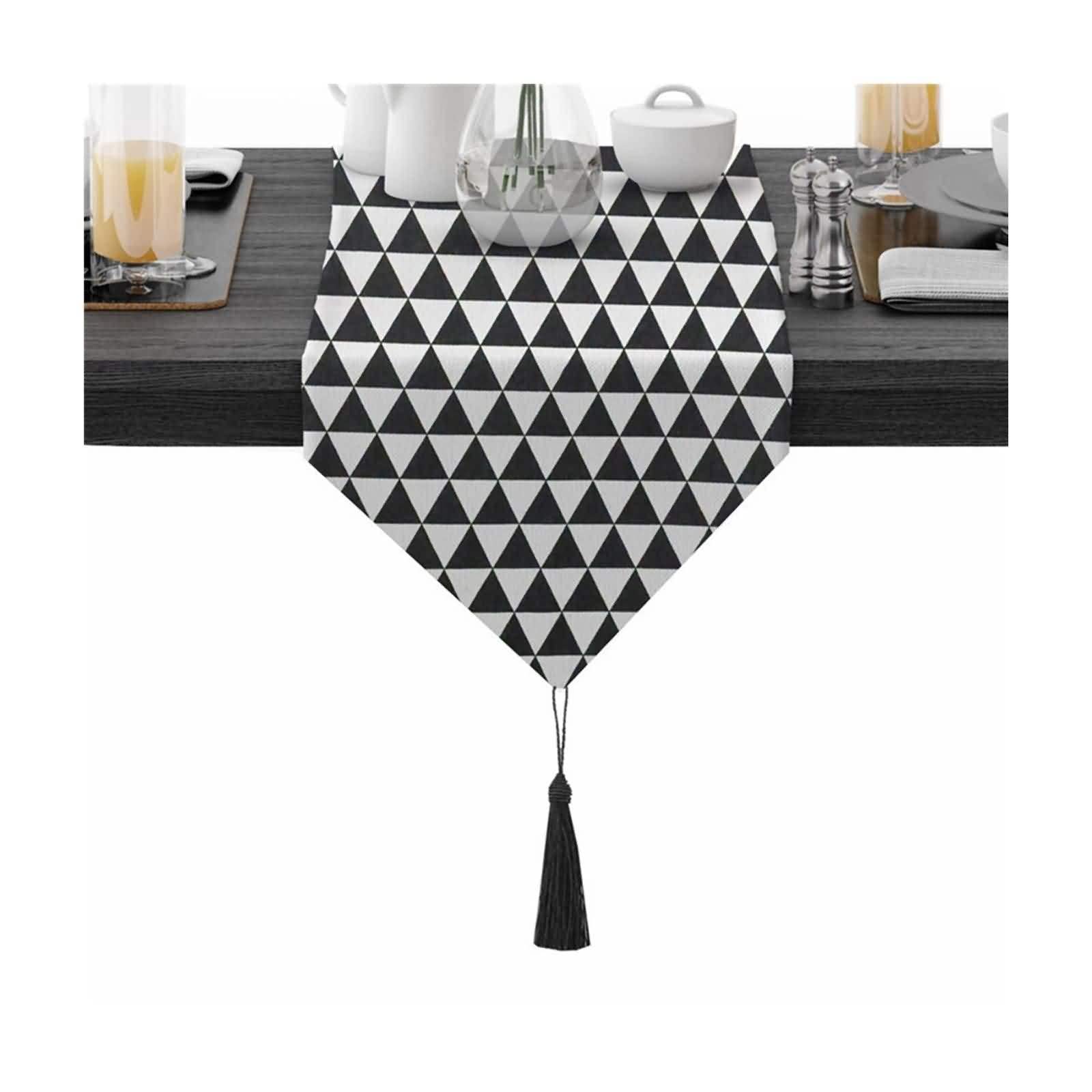 Table Runner Black, Tischläufer Modern Herbst Weiß 30x220CM Dreiecksmuster Baumwolle Tischdeko Wohnzimmer Küche Geburtstage Hochzeiten