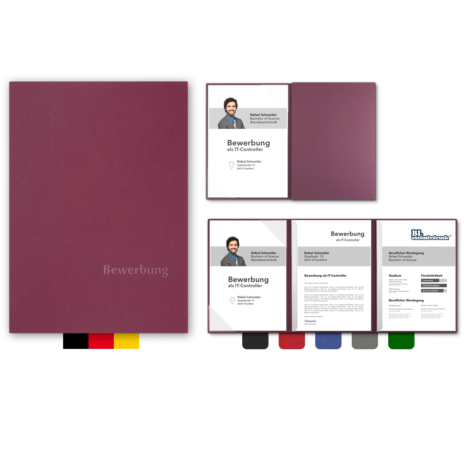 5 Stück 3-teilige Bewerbungsmappen BL-exclusivdruck® OPTIMA-plus in Granatrot - Premium-Qualität mit edler Relief-Prägung 'Bewerbung' - Produkt-Design von 'Mario Lemani'