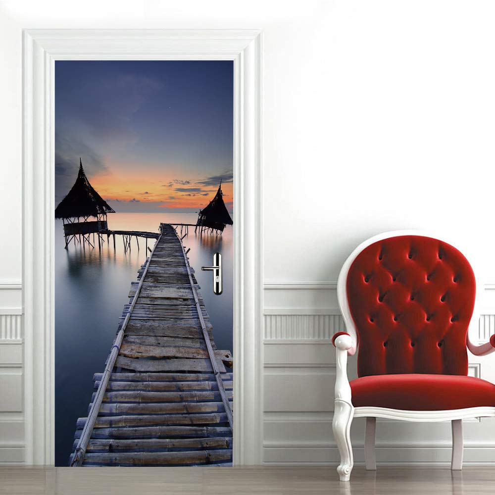 Affiche de porte 3D pont en bois pour agrandir le salon et la chambre