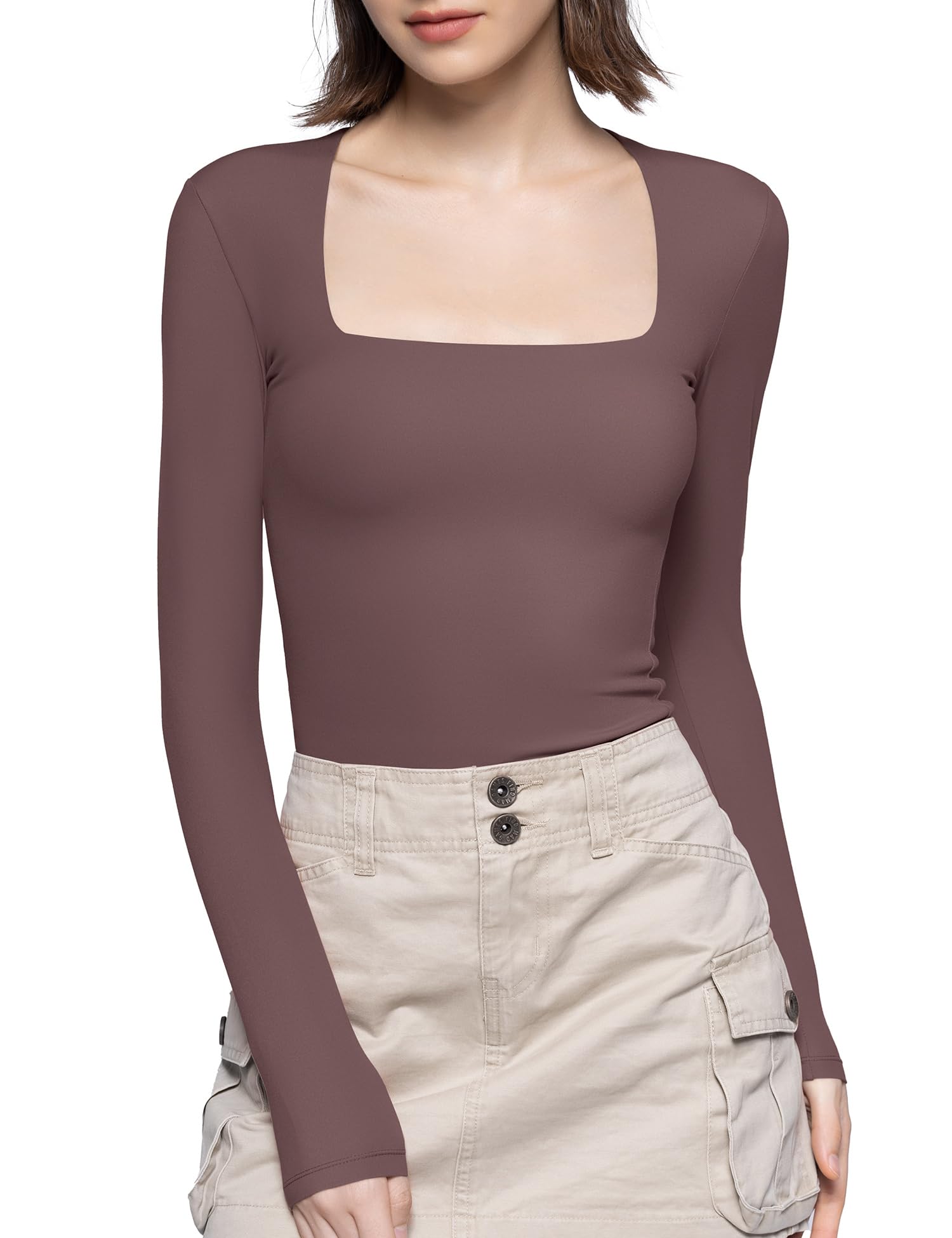 PUMIEY Women's Square Neck Long Sleeve T Shirts Slim Fit Tops Basic Tee Smoke Cloud Pro Collection