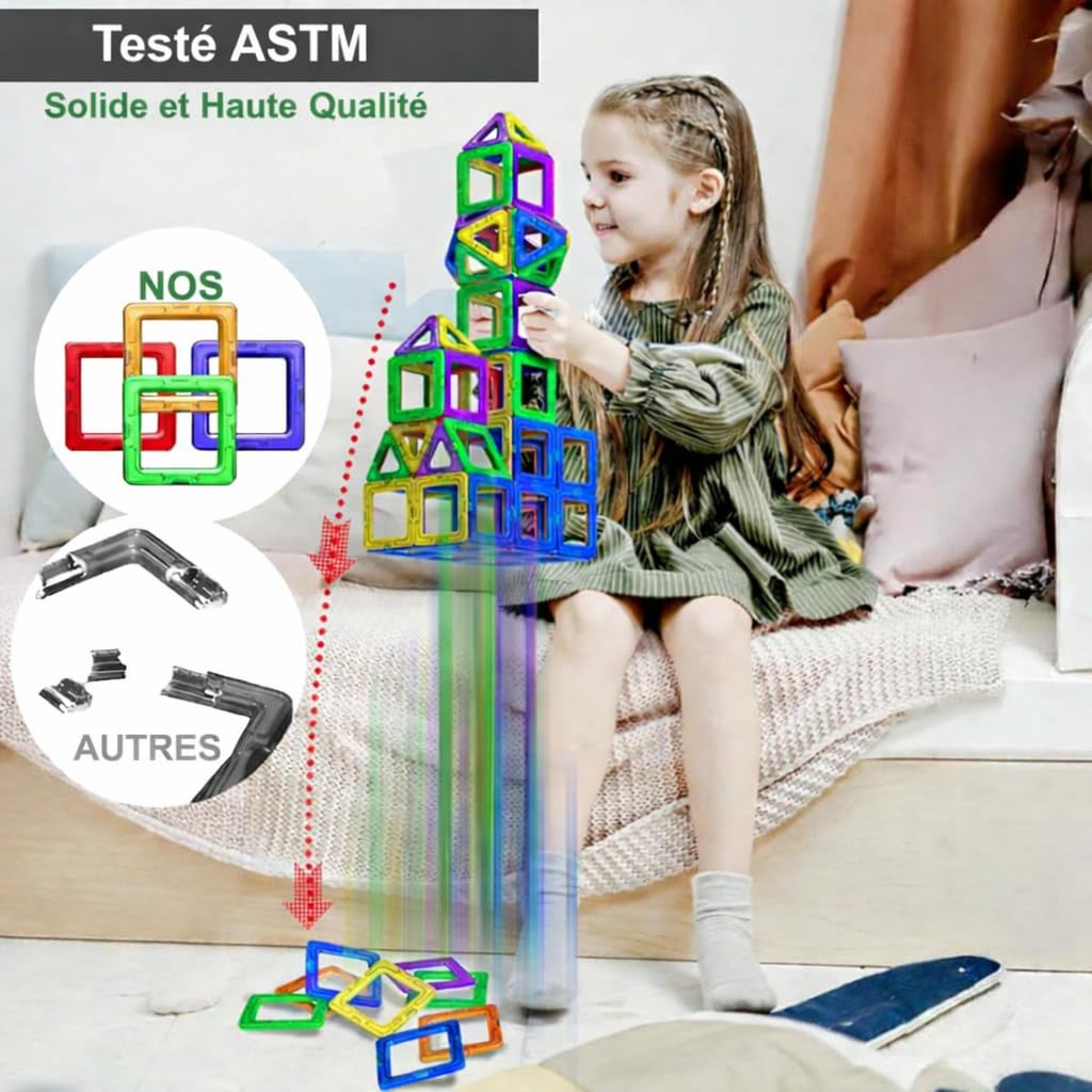 Bloc de Construction - Bloc Construction Magnetique Éducatifs STEM pour Enfants, Apprentissage Préscolaire Sensoriel Montessori Jouets Magnétiques pour Garçons & Filles dès 3 Ans - 96 Pièces