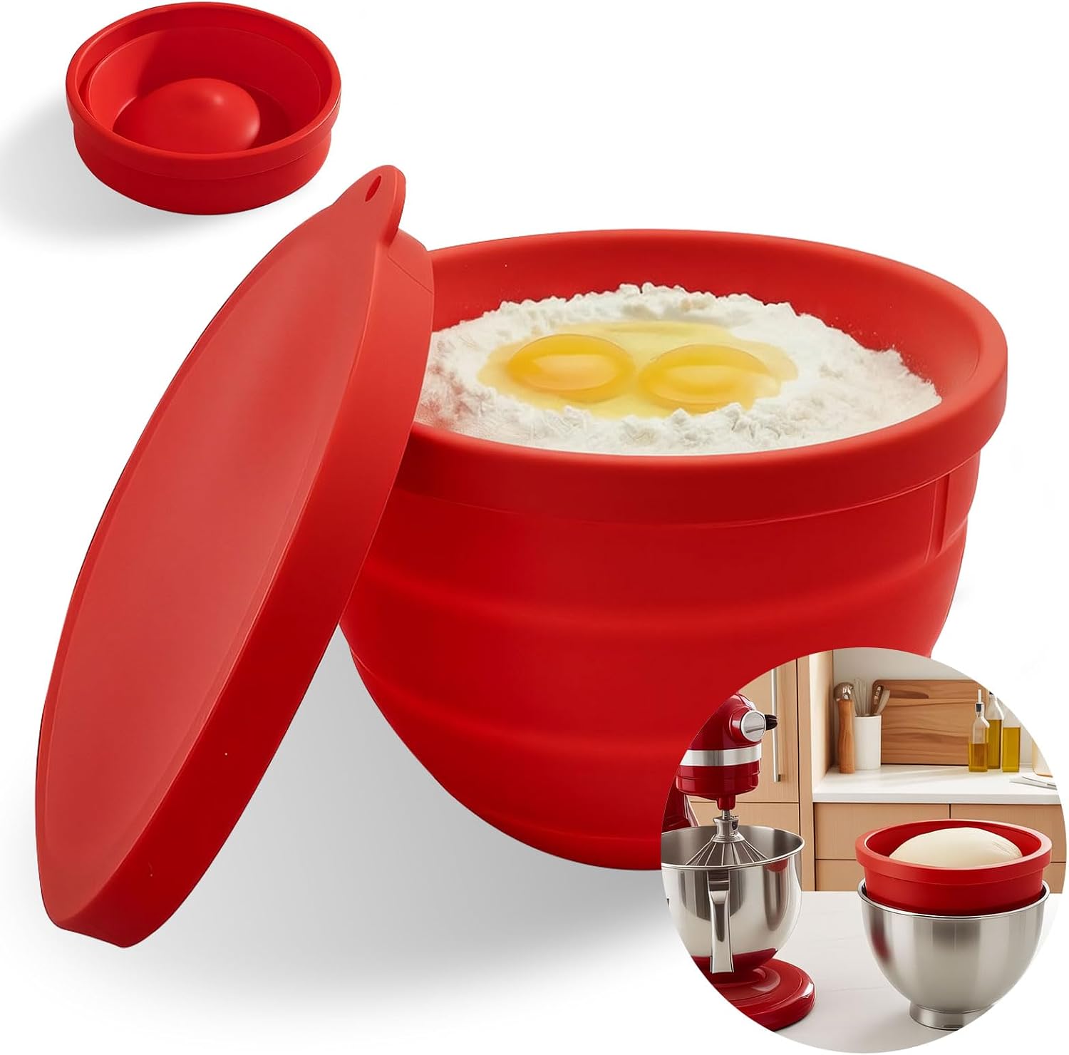 Silicone Bowl Liners with Lids for 5 Qt KitchenAid Stand Mixer Bowls, Collapsible Mixer Bowl Inserts, Reusable Mixing Bowl Liners for Dough, Batter, Cookie Prep, 1Pack 5QT Red