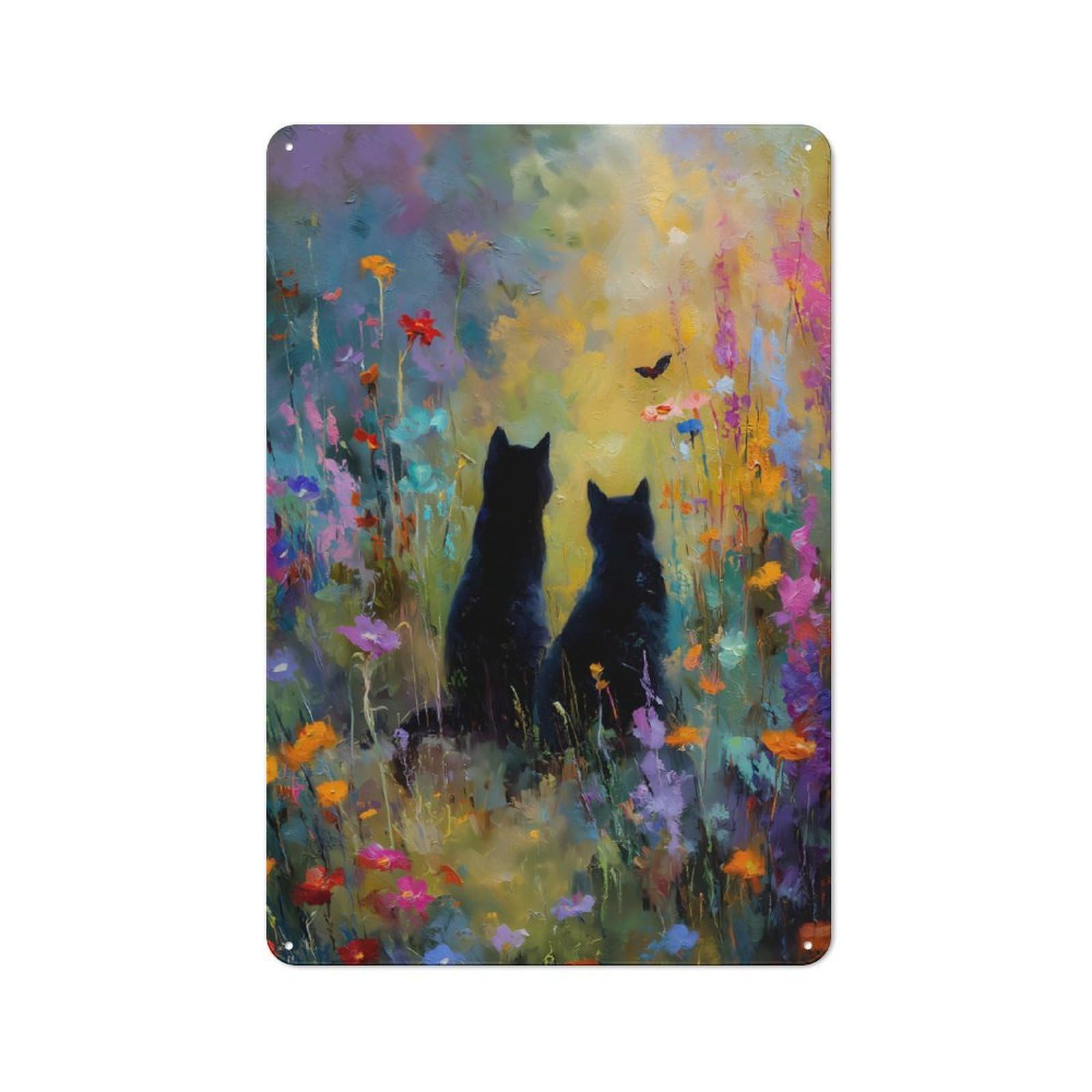 Junmoney Style-13 Metal Plaque 30X20cm With Two Black Cats In A Flower Field For Hallway Wall, Rustic Decor, A Metal Wall Feature For Hallways And Entrance Areas