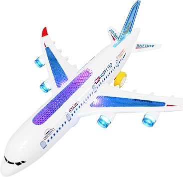 Electric Aeroplane Toy with Flashing LED Lights & Sounds, Bump and Go Airplane Toy, Durable ABS Aircraft for Kids Ages 3 8, for Boys & Girls