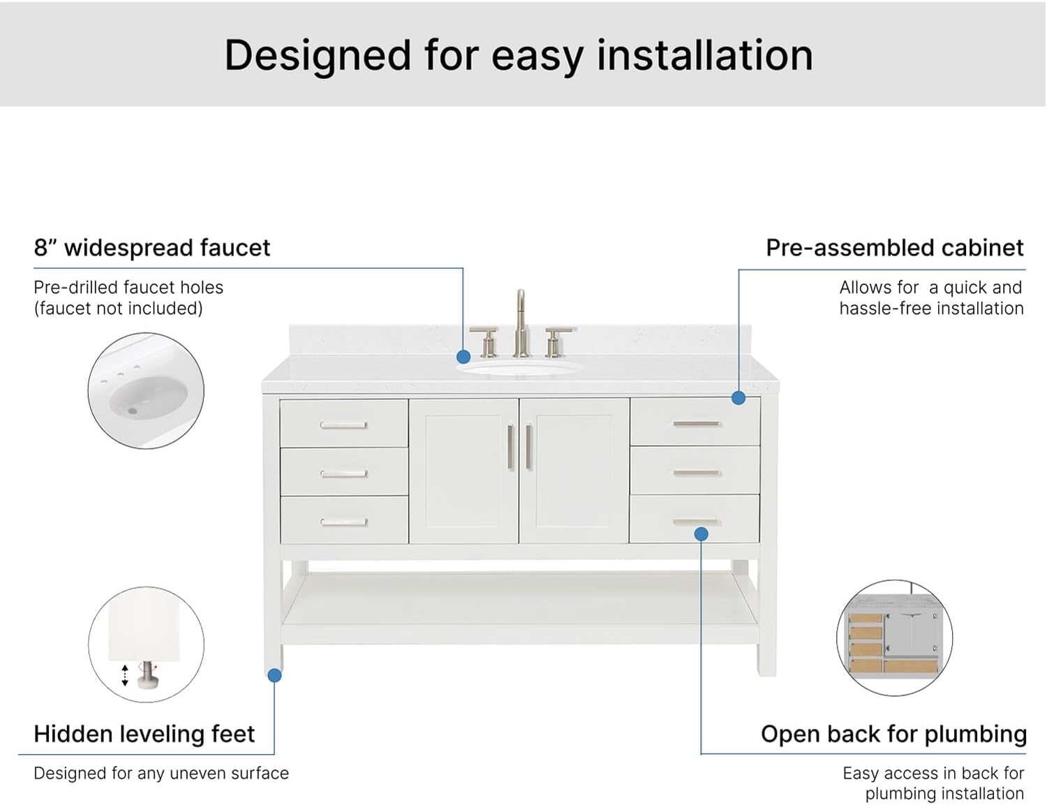 ARIEL Magnolia 60-inch Bathroom Vanity with Sink,Solid Wood, 1.5-inch Carrara White Quartz Countertop & Backsplash, Single Oval Porcelain Sink, 2 Soft Closing Doors, 6 Dovetail Drawers, White
