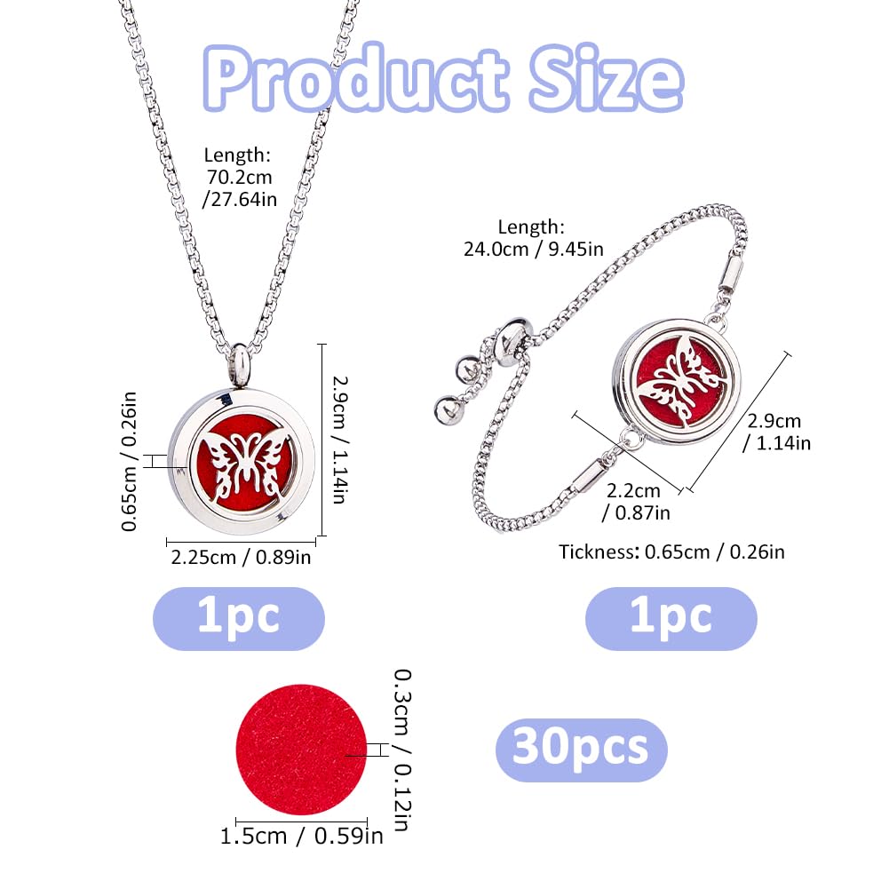SUPERFINDINGS 2Styles - Collar difusor de aceites esenciales, pulsera de acero inoxidable, medallón de aromaterapia, juego de colgante redondo plano con 20 almohadillas de perfume intercambiables