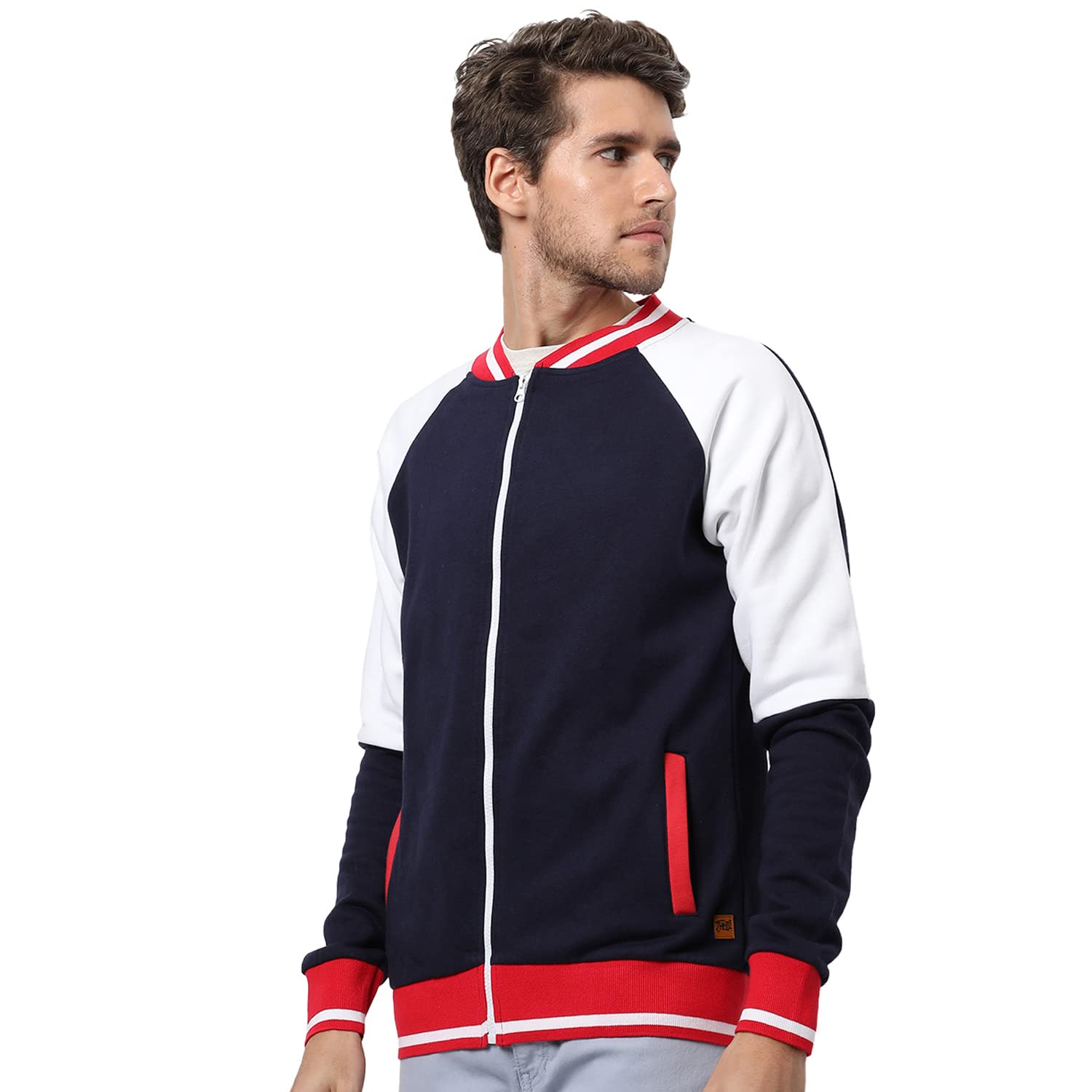 Campus SutraMen's Blue & Red Colour-Blocked Solid Regular Fit Cotton Varsity Jacket For Winter Wear | Low-Cut Standing Collar | Full Sleeve | Zipper | Casual Jacket For Man | Stylish Jacket For Men