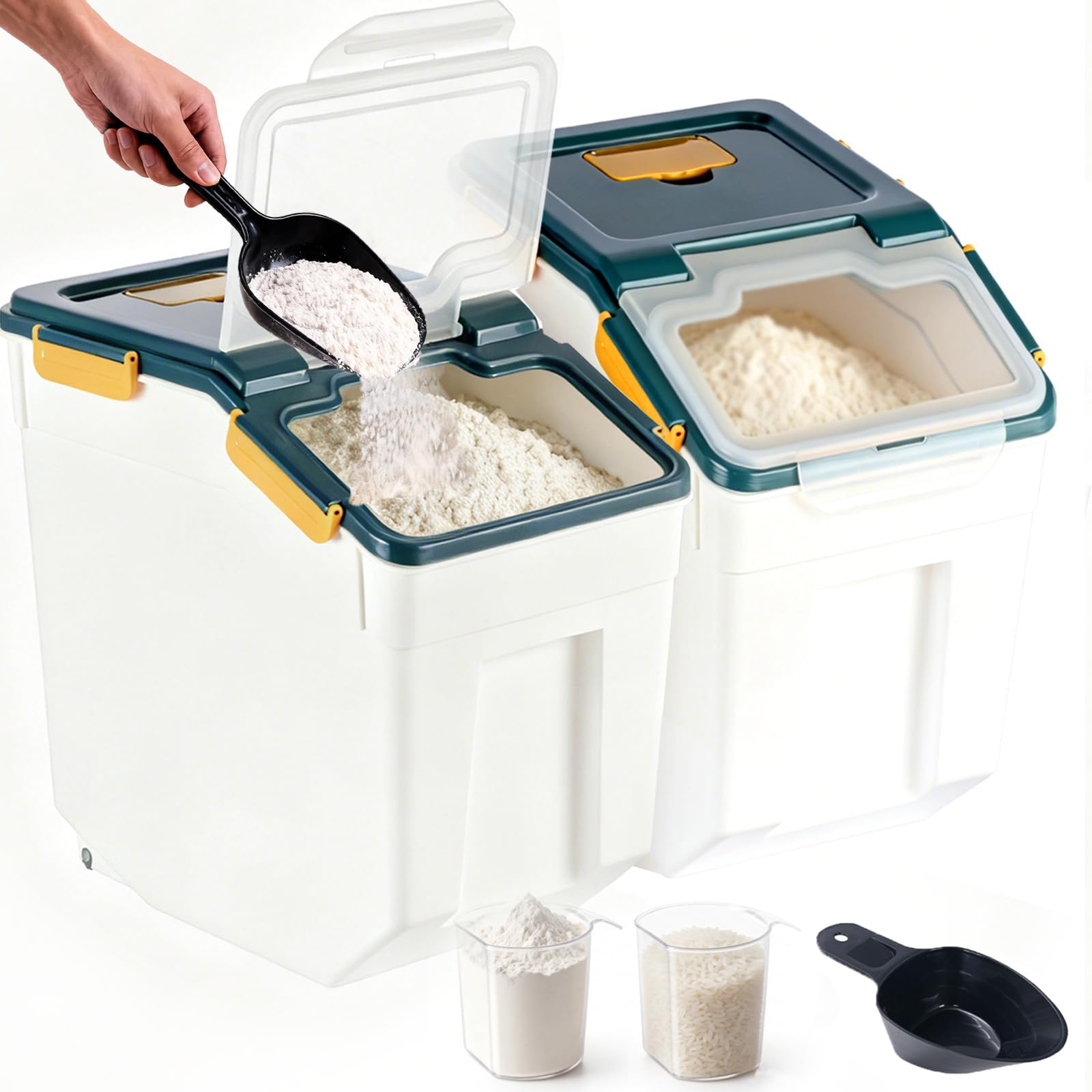 RUIAN 2Pcs Large Flour Storage Container Bin 50Lb Airtight Rice Storage Containers with Wheels Seal Locking Lid, BPA Free with Measuring Cup&Scoop for Flour, Rice, Grain 100LBS Total (Blue)