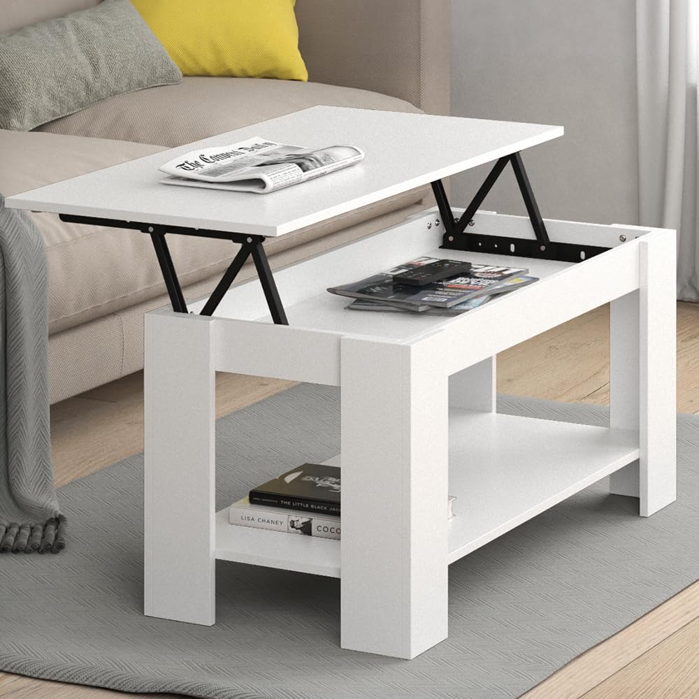 Vicco Couchtisch Lorenz, Weiß, 100 x 50 cm | mit Liftfunktion, mit Hebemechanismus und höhenverstellbarer Tischplatte