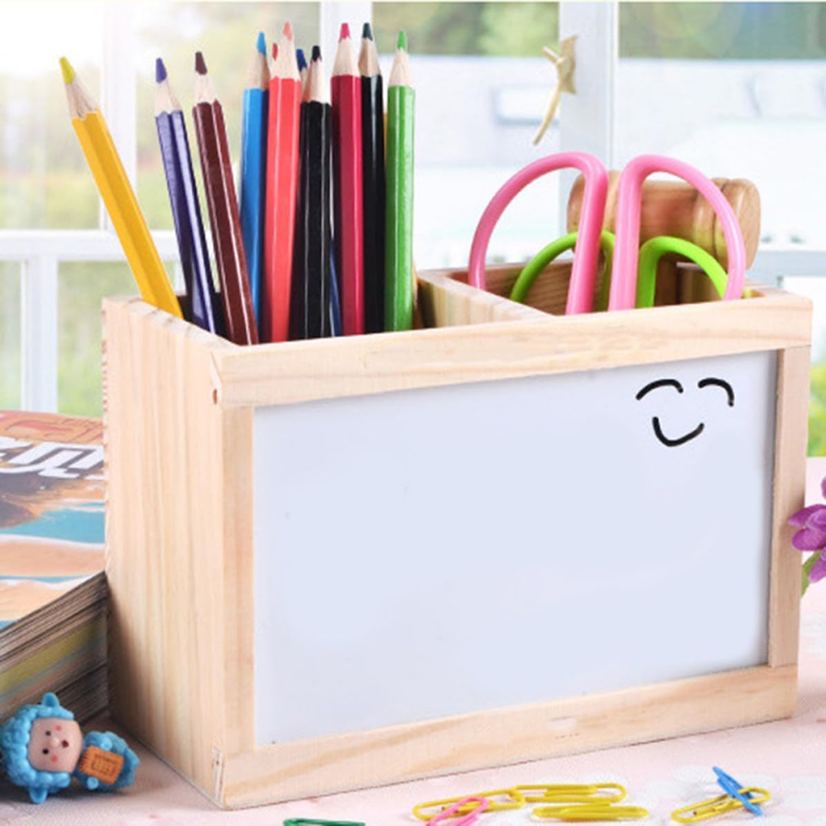 Stationery Pen Holder Wooden with Whiteboard Two-tier image 4