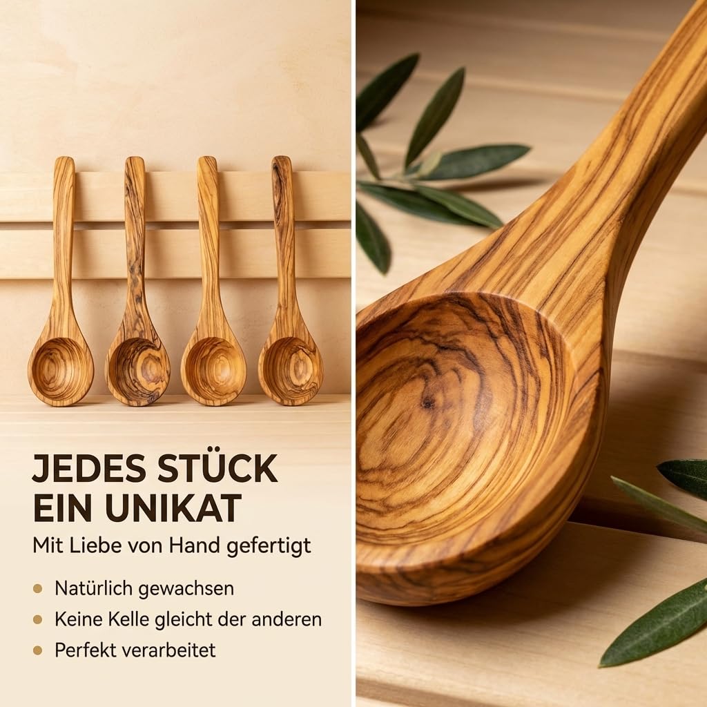 Saunakelle aus Olivenholz mit Gravur - Personalisierbare Aufgusskelle langlebig & hitzebeständig - Sauna Zubehör Saunalöffel Geschenkidee (Mit Gravur, 30 cm)