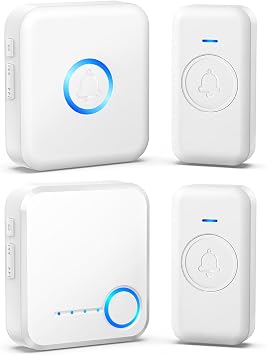 FOVKSUC Wireless Doorbell, Waterproof Door Bell with 60 Chimes, 5 Volume Levels & Mute Modes for Home Classroom Office 1 Receiver & 1 Button, U2 White+U1 White
