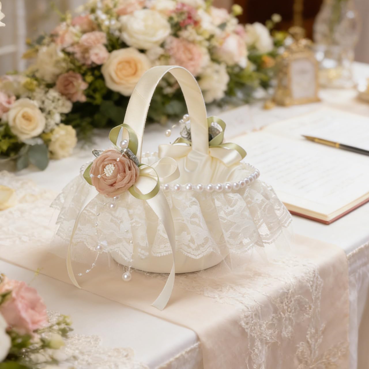 LIFKOME Wedding Flower Girl Basket Elegant Lace Pearl Flower Holder for Wedding Party Decoration Engagements More