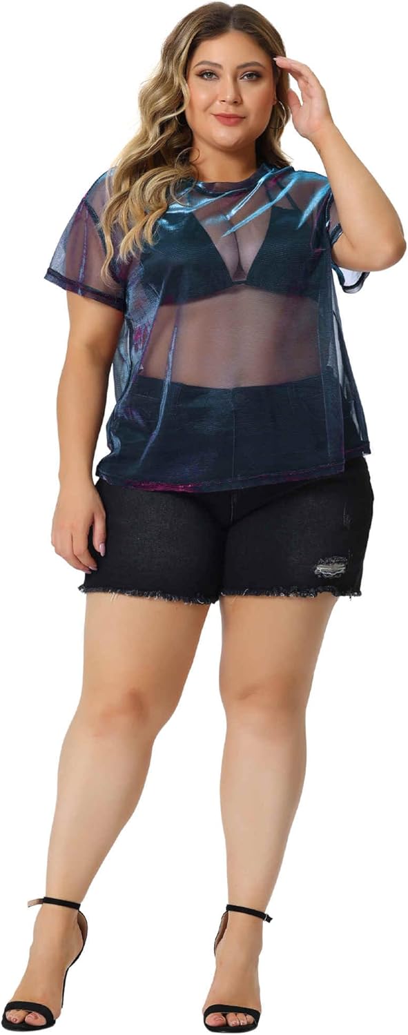 Agnes Orinda Plus Size Party Top for Women Sheer Mesh Holographic See Through Sexy Tops Blouse - Image 3