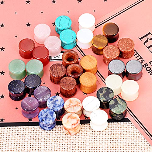 Longbeauty Wood Mixed Stone Plugs 18 Pairs/36 Pcs Double Flared Saddle Gauges Tunnels Expander Piercing Set (Gauge= 8mm(0g))