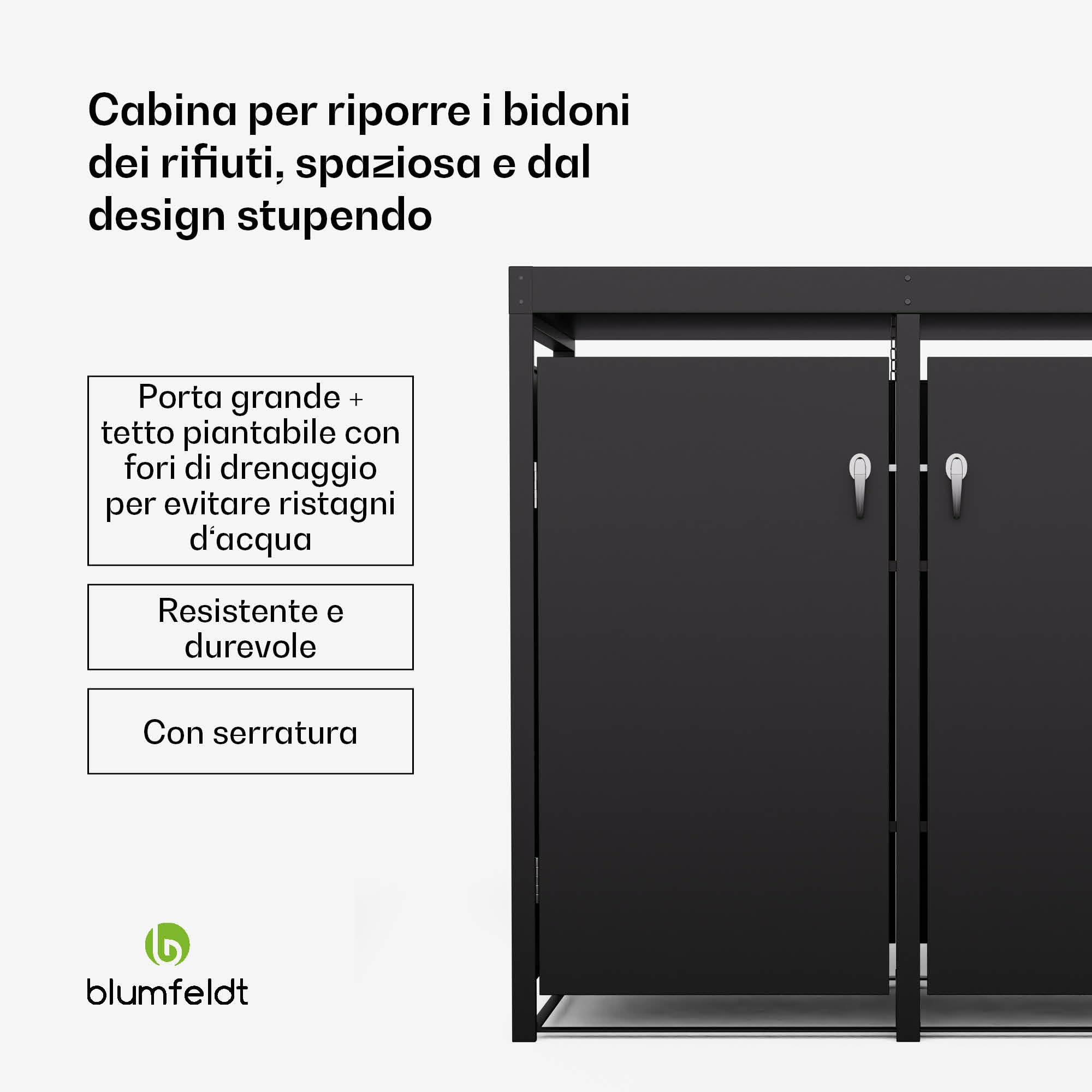 Blumfeldt BinSafe - Copri Bidone della Spazzatura –Acciaio Zincato Resistente, 2 Sportelli & Tetto a Fioriera, Adatto a Bidoni 60L/120L/240L, Serratura a Chiave, Design Moderno, Copribidone da Esterno